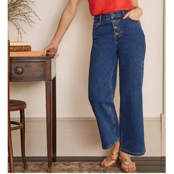 Boden Button Fly Wide Leg Jeans Size 14 Mid Vintage Denim Stretch Mom High Rise - Picture 2 of 14